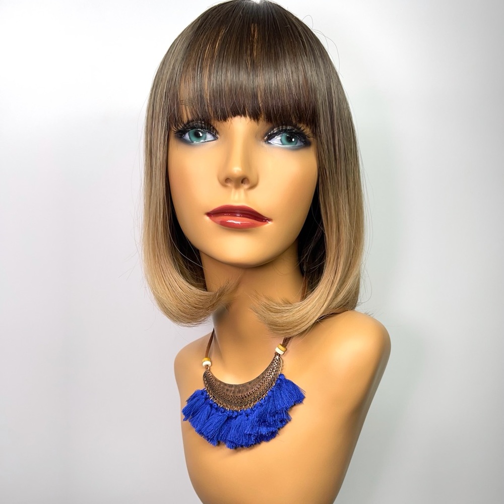 14” Bob Blond Short Curly Bangs Synthetic Wig